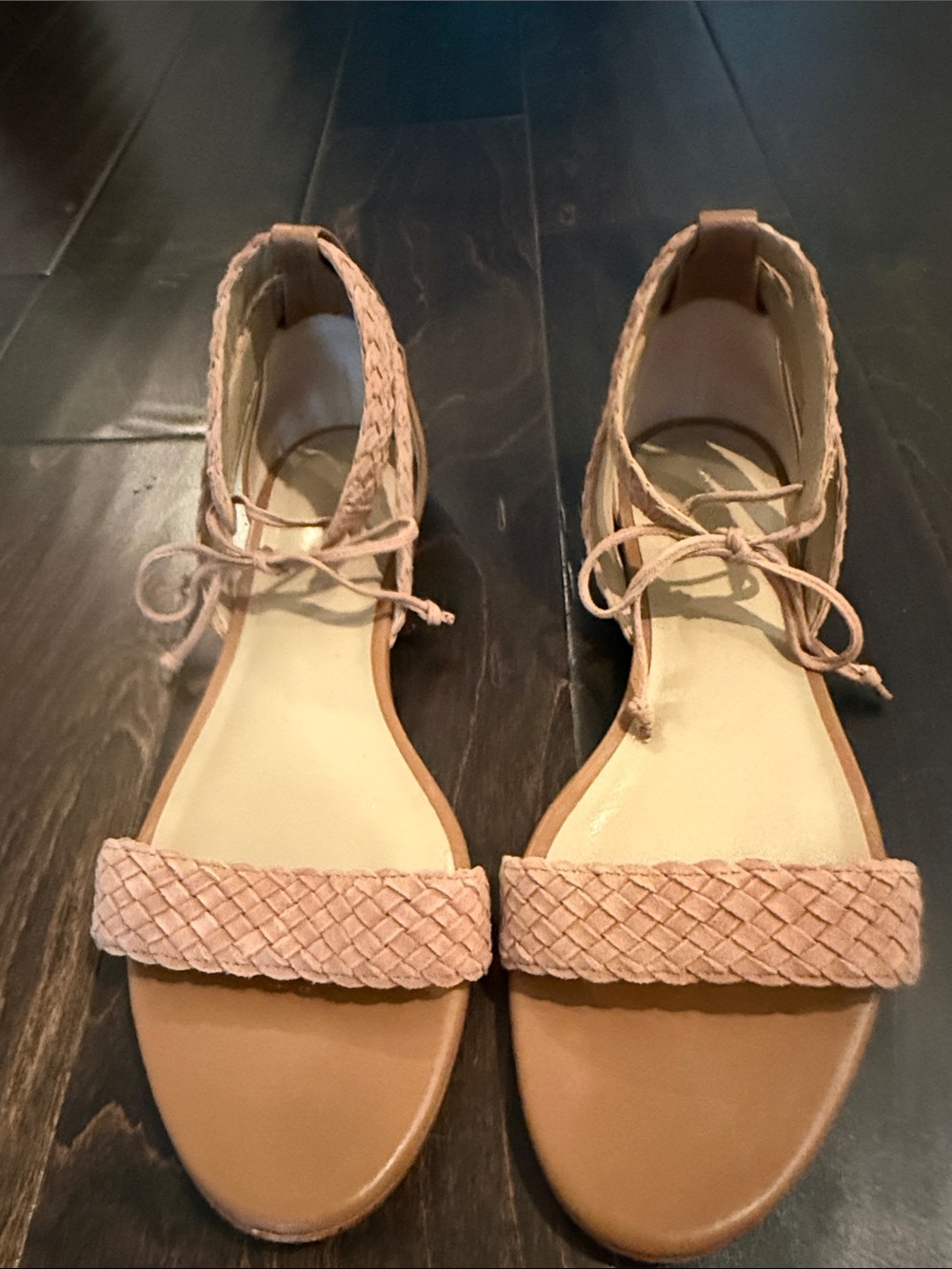 Ann Taylor Women's Braided Ankle-Tie Sandals in Tan Suede and Leather Sz 9